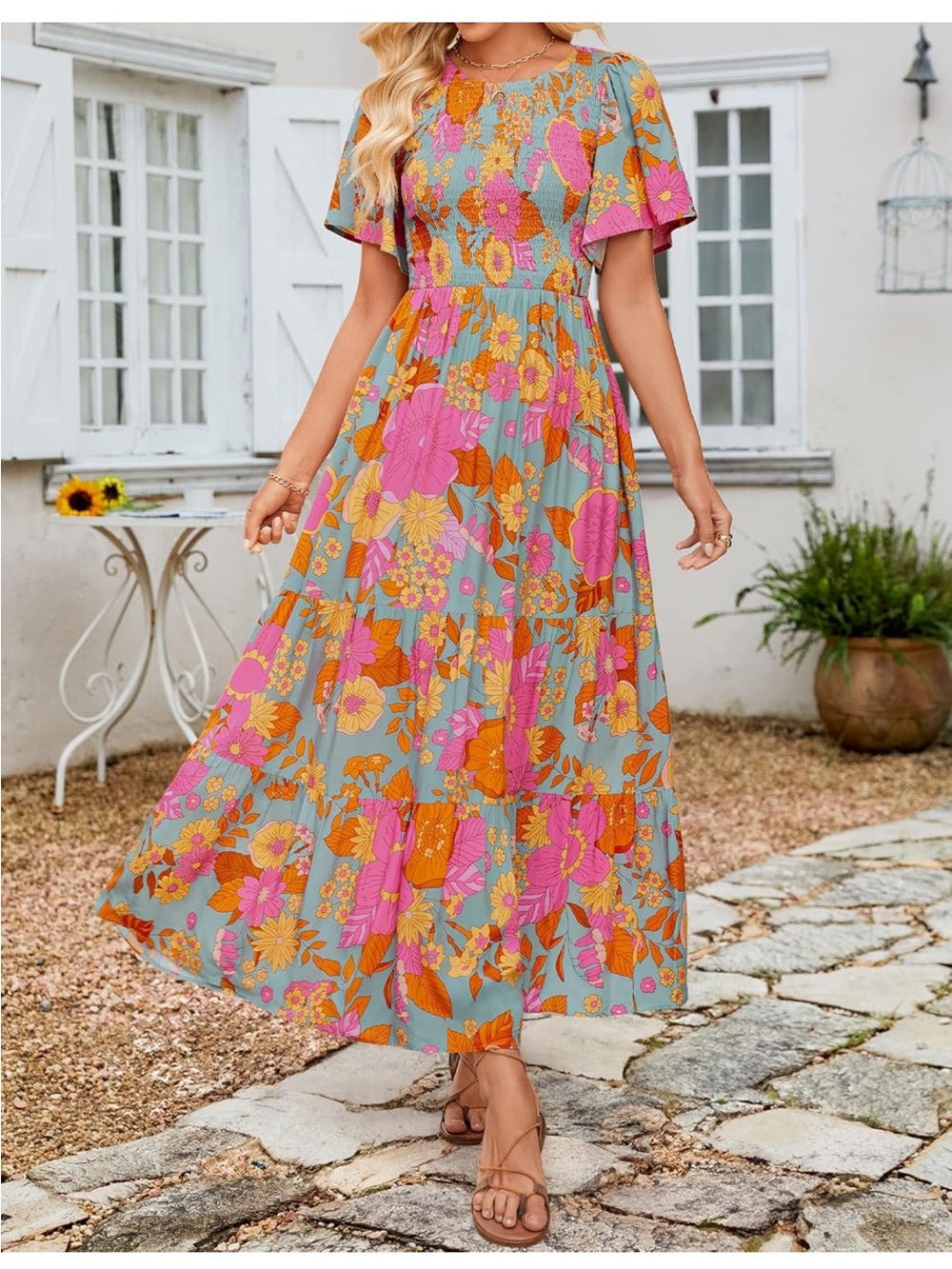 Floral Maxi Dress in Blue with Pink & Orange Blooms